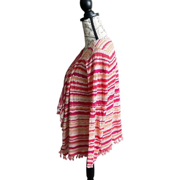 Chico's Pink Orange White Wave Striped Open Cardigan Tassels 1P Medium Petite - Picture 2 of 7